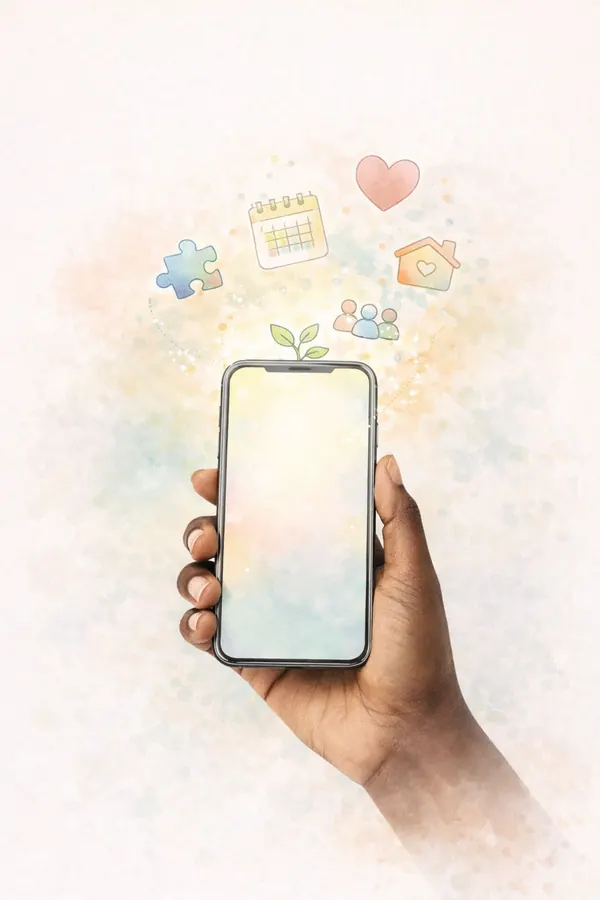 Ilustração em aquarela de uma mão segurando um celular, com ícones de coração, casa, calendário e família saindo da tela