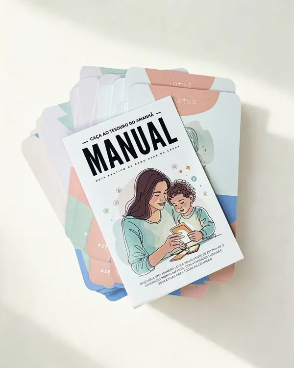 Manual Caça ao Tesouro do Amanhã, guia prático de como usar os cards, sobre a pilha de cards